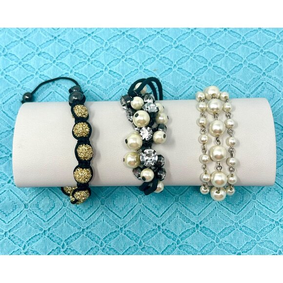 Three Stylish Bracelets: Faux Pearls Rhinestones & Glittery Beads - Picture 2 of 6